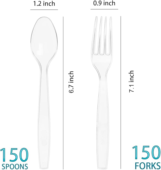 300 Count Plastic Silverware, Heavy Weight Plastic Forks Spoons Disposable Utensils Cutlery Set for Wedding Party Supplies Everyday Use