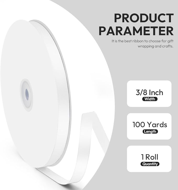 3/8" x 100 Yards Satin Ribbon - White Silk Ribbon with Spool - Ideal for Gift Wrapping, Floral Bouquets, Crafts, Wedding Party Decorations, Christmas and Sewing Projects