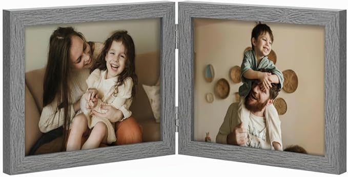 decorUhome Double 7x5 Picture Frame Horizontal, Engineered Wood Bifold Photo Frame with Plexiglass for Tabletop Display, 7x5, Grey
