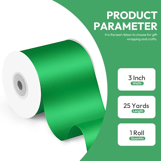 3" x 25 Yards Satin Ribbon, Green Silk Ribbon Ideal for Gift Wrapping, Floral Bouquets, Crafts, Wedding Party Decorations, Christmas and Sewing Projects