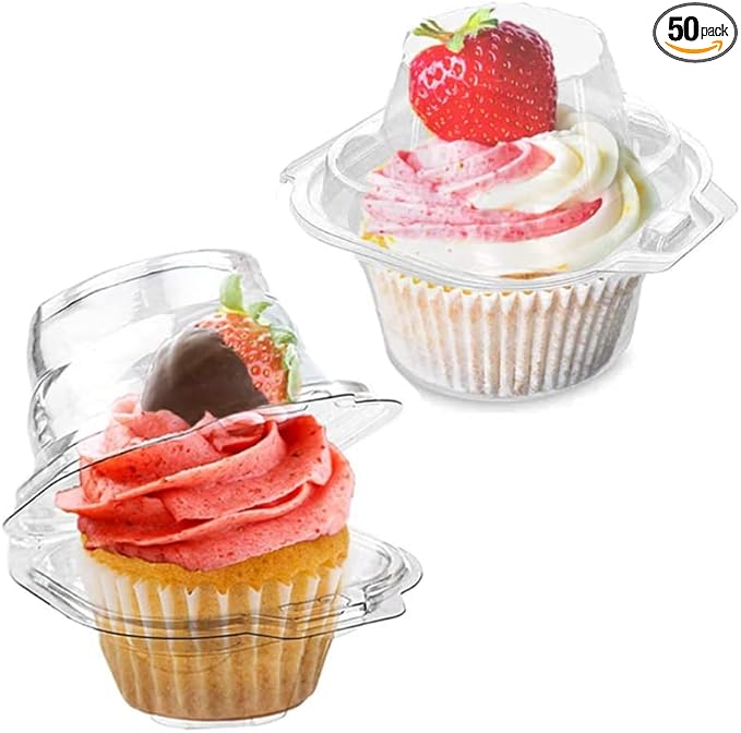 50 Pcs Cupcake Boxes Plastic Individual Cupcake Containers Single Cupcake Carrier with Connected Airtight Dome Lid for Party