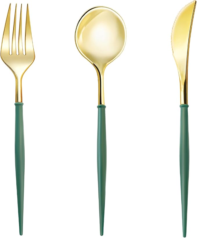 Lullaby 90PCS Gold Plastic Silverware - Utensils Plastic Disposable with Green Handles, Gold Plastic Cutlery with 30 Knives, 30 Forks, 30 Spoons, Ideal for Wedding, Party, Gathering, Daily Use