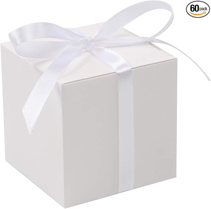 COTOPHER 60pcs Wedding Favor Boxes, Paper Gift Boxes 3x3x3 Inches Small Gift Boxes with Ribbons Small Boxes for Gifts, Crafting, Cupcake, Candy, Bridesmaid Proposal Boxes，Easy Assemble Boxes (White)