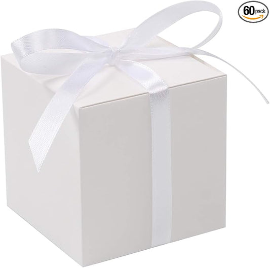 COTOPHER 60pcs Wedding Favor Boxes, Paper Gift Boxes 3x3x3 Inches Small Gift Boxes with Ribbons Small Boxes for Gifts, Crafting, Cupcake, Candy, Bridesmaid Proposal Boxes，Easy Assemble Boxes (White)