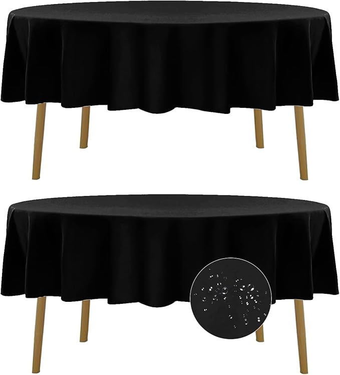 Fokitut 2 Pack Waterproof Round Tablecloth, 60 Inch, Stain Resistant and Wrinkle Polyester Table Cloth, Fabric Table Cover for Kitchen Dining, Wedding, Party, Holiday Dinner-Black