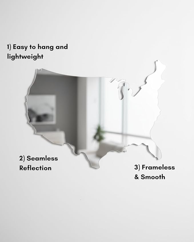 4th of July Patriotic USA Map Mirror – 27.5"x18.7" Frameless Asymmetrical Decorative Acrylic Mirror – Modern Patriotic Decor for Bedroom, Office, Entryway