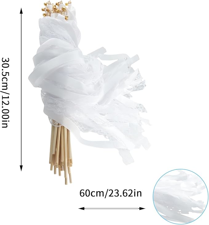 30 Pcs White Wedding Wands, Lace Wedding Streamers, Ribbon Streamers, Wedding Exit Items, Wedding Send Off Ideas, Dance Floor Props Sticks with Bells for Holiday Celebration Birthday Favors