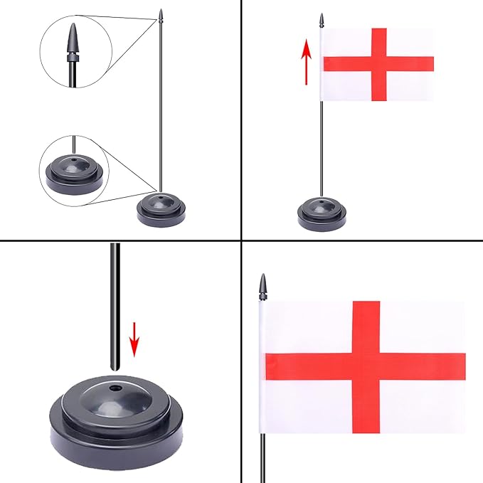 WXTWK 2 Pack England Flag England Deluxe Desk Flag Set - Mini Small Englander Table Office Flags with Black 12" Solid Pole Stand Base Classroom Meeting Desktop Decorations