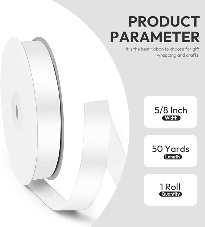 5/8" x 50 Yards Satin Ribbon - White Silk Ribbon with Spool - Ideal for Gift Wrapping, Floral Bouquets, Crafts, Wedding Party Decorations, Christmas and Sewing Projects