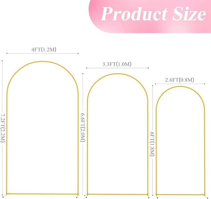 Metal Arch Backdrop Stand Set of 3 (7.2FT/6.6FT/6FT) - Heavy-Duty Gold Wedding Arch with Water Bag for Weddings, Baby Showers, Birthdays, Graduation, Parties & Outdoor Events