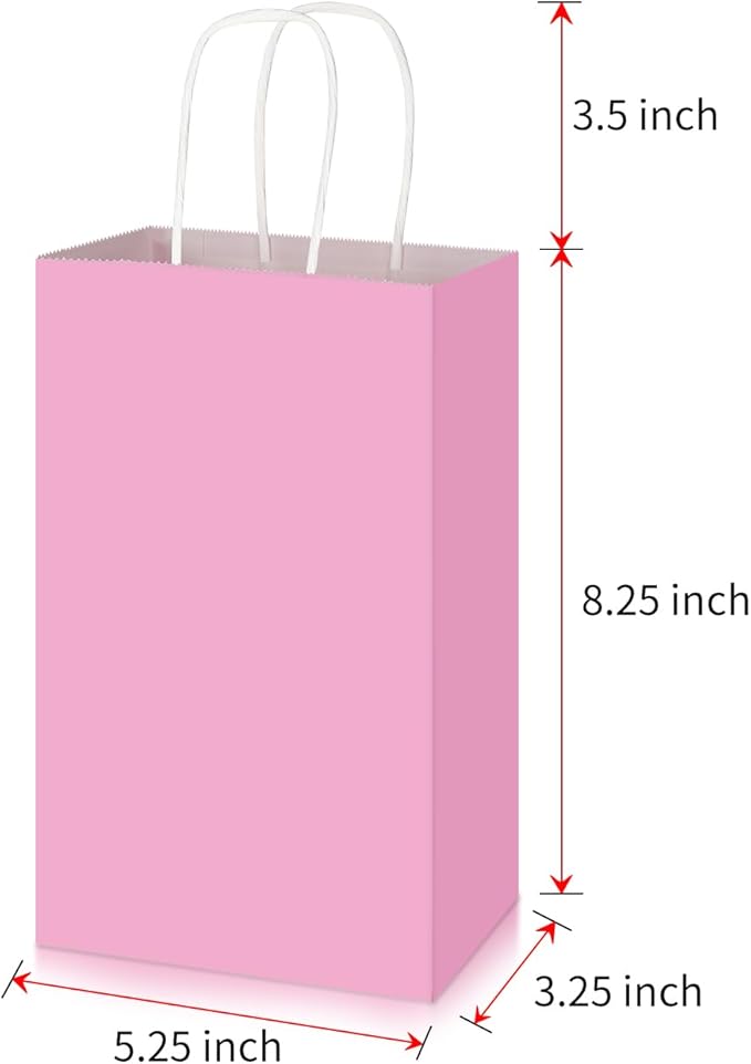 Toovip 50 Pack 5.25x3.25x8.25 Inch Small Light Pink Kraft Paper Bags with Handles Bulk, Gift Wrap Bags for Favors Grocery Retail Party Birthday Shopping Business Goody Craft Merchandise Take Out Sacks