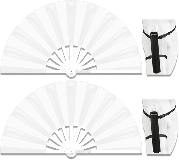 13" Large Folding Rave Fan with Holster, Clack Hand Fans Foldable for Line Dancing, Boots On The Ground Fan for Women Men Festival EDM Party Decoration, White 2 Pack