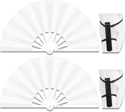 13" Large Folding Rave Fan with Holster, Clack Hand Fans Foldable for Line Dancing, Boots On The Ground Fan for Women Men Festival EDM Party Decoration, White 2 Pack