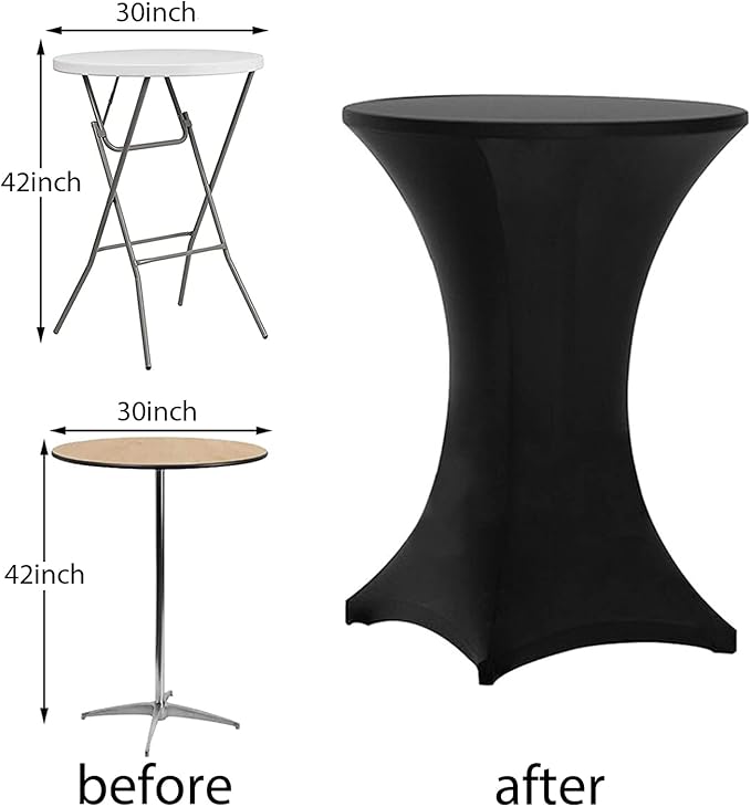 Tina's 10 Pack 30x42 Inch Highboy Spandex Cocktail Table Covers Black, Fitted Stretch Cocktail Tablecloth for Round Tables (10PC 30X42 Black)