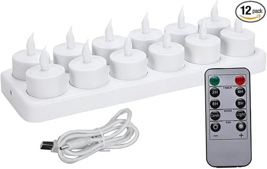 Rechargeable LED Tea Lights, Flickering Flameless Candles with Remote Timer, 12 PCS Electric Battery Operated Candles with Charging Base for Christmas Halloween Weddings Decorative