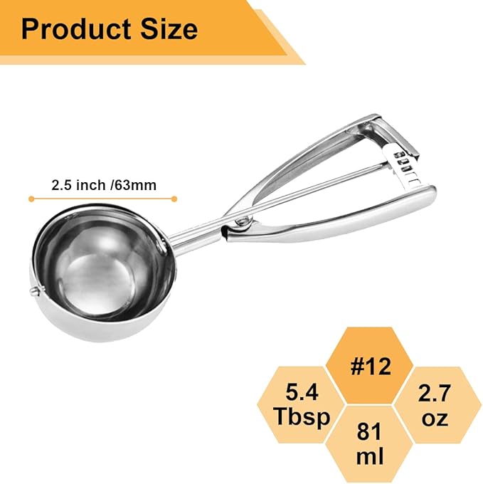 Large Cookie Scoop 5.4 Tablespoon, Size #12 Cookie Dough Scoop, 2.7 OZ Cookie Scoops for Baking, Selected 18/8 Stainless Steel, for Making Cookies, Cupcake, Muffin, Melon Ball, Ice Cream