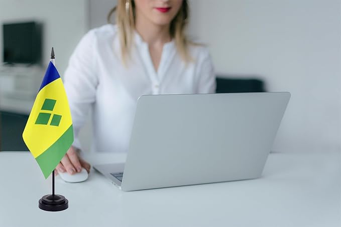 WXTWK 2 Pack Saint Vincent and the Grenadines Flag Saint Vincent and the Grenadines Deluxe Desk Flag Set - Mini Small Saint Vincent and the Grenadines Table Office Flags with Black 12" Solid Pole Stand Base Decorations