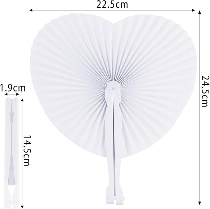 ZWIN 48 Pcs Heart Shaped Paper Fans for Wedding Pocket Folding Paper Fans with Plastic Handle White Blank Fans for Guest Celebration Party Decoration