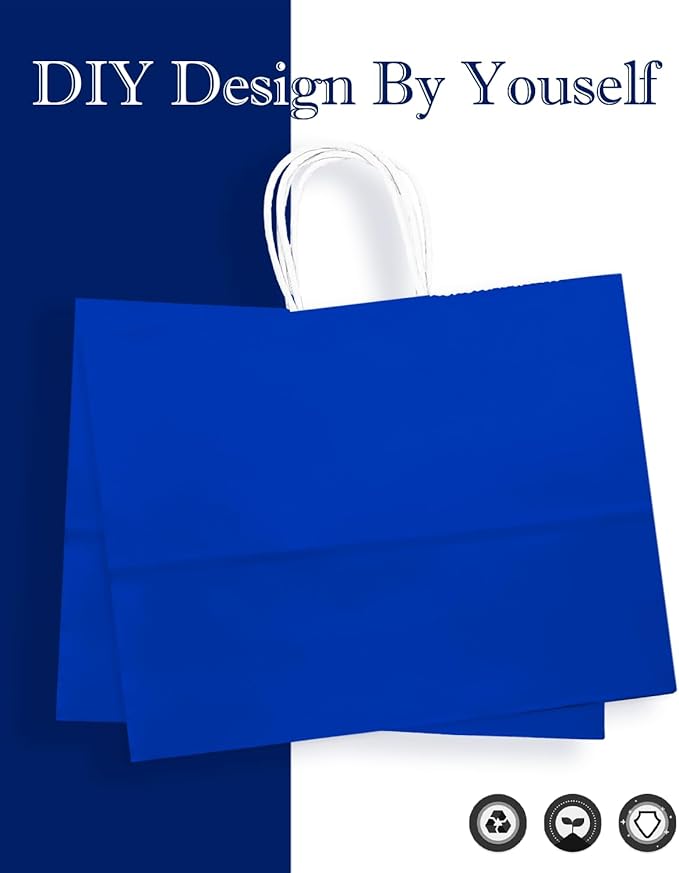 qiqee 50-Packs Diamond Blue Paper Gift Bags with Handles Bulk 12.6"x4.3"x10" Wide Large Size Party Favor Bags Multiple Uses