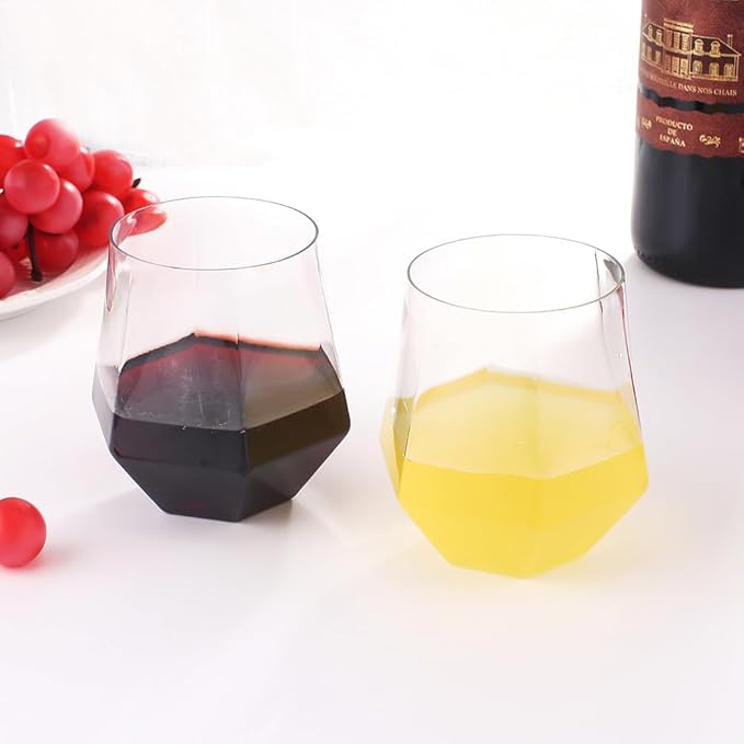 32pcs 12oz Disposable Wine Glasses Plastic Wine Glass Clear Plastic Stemless Unbreakable Shatterproof Glassware Recyclable Diamond Design
