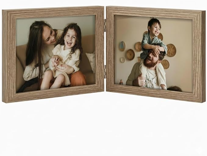 decorUhome Double 7x5 Picture Frame Horizontal, Engineered Wood Bifold Photo Frame with Plexiglass for Tabletop Display, 7x5, Oak