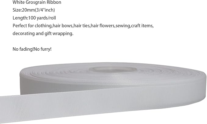 Jesep One Roll 100 Yards 3/4" Soild Grosgrain Ribbon Boutique Gift Wrapping Package Ribbon, DIY Crafts Bow Hair Headband Accessories Assorted Ribbon#29 (3/4" 20mm, White)