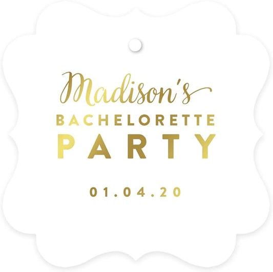 Andaz Press Personalized Fancy Frame Square Wedding Gift Tags, Metallic Gold Ink, Bachelorette Party, 24-Pack, Custom Made Any Name