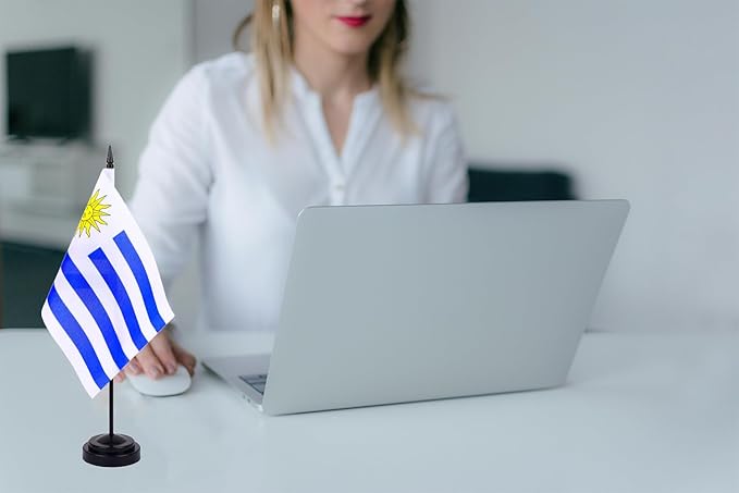 WXTWK 2 Pack Uruguay Flag Uruguay Deluxe Desk Flag Set - Mini Small Uruguayan Table Office Flags with Black 12" Solid Pole Stand Base Classroom Meeting Desktop Decorations