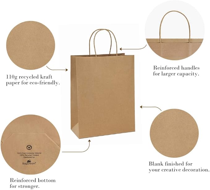 BagDream 10x5x13 Kraft Shopping Bags 100Pcs Brown Paper Bags with Handles Bulk, for Gifts, Merchandise, Retail, Party Favor, Take-out, Grocery, Recycled Paper Gift Sacks