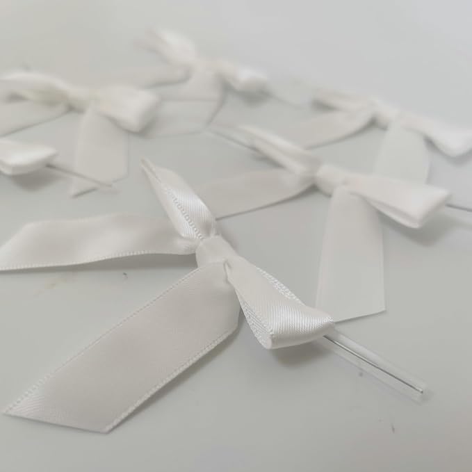 50pcs 2-1/2" White Satin Ribbon Bows with Twist Ties for Wedding Box Gift Wrapping Packing Christmas Decoration (White)