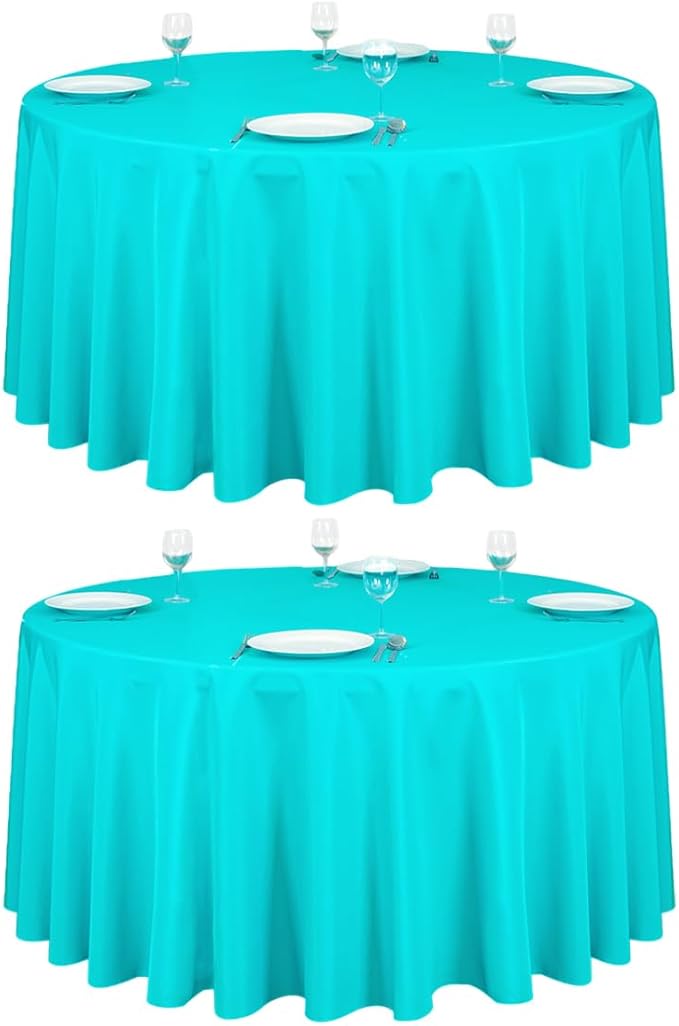 LTC LINENS 2 Pack 120 Inch Round Tablecloth Turquoise - Great for 60 Inch Round Table Floor Length - Washable, Wrinkle Resistant Polyester Fabric Cloth for Parties