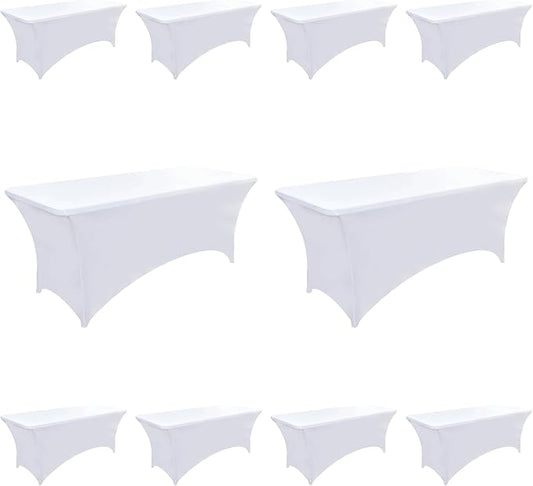 10-Pack 4ft White Spandex Table Covers for Rectangular Folding Tables - Wrinkle Resistant Stretch Tight Table Cloths - Fitted Table Protector for Parties, Trade Shows, Banquet, and Wedding