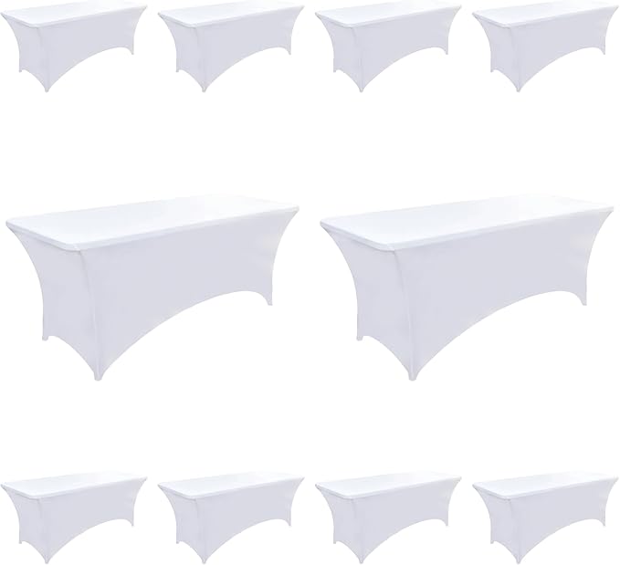 10-Pack 8ft White Spandex Table Covers for Rectangle Folding Tables - Washable Elastic Tablecloth - Ultimate Fitted Table Protector for Parties, Trade Shows, Banquet, and Wedding