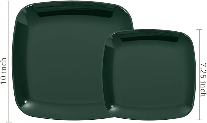 PULOTE 100PCS Green Plastic Plates - Green Square Disposable With Gold Rim - Include 50 Dinner 10inch, 50 Dessert 7.25inch Plates for Party&Christmas