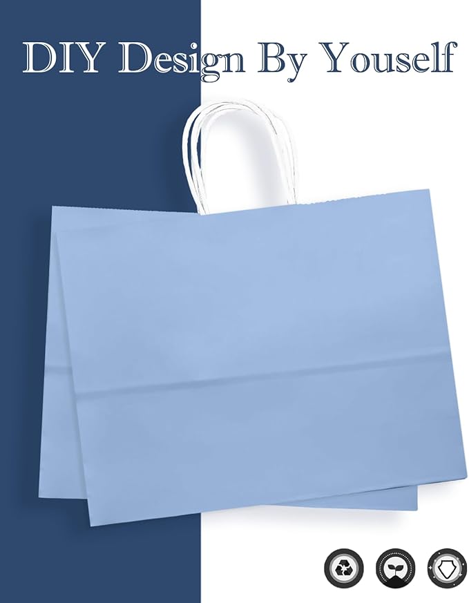 qiqee 50-Packs Light Blue Paper Gift Bags with Handles Bulk 12.6"x4.3"x10" Wide Large Size Party Favor Bags Multiple Uses
