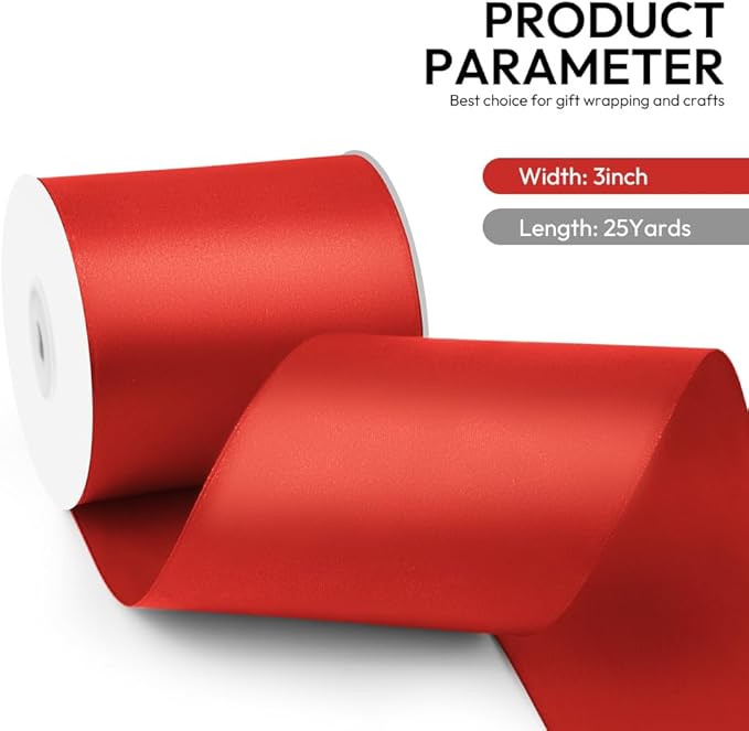 3 Inch 25 Yard Wide Satin Ribbon Red, Solid Fabric Large Ribbon Roll for Cutting Ceremony Wedding Opening Party Decoration, Chairs, Sewing, Festival Pageant Sashes