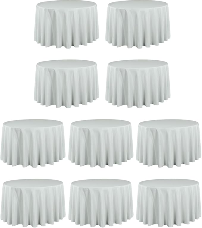 LTC LINENS 10 Pack 108 Inch Round Tablecloths Silver - Bulk for 48 Inch Round Table Floor Length - Wrinkle Resistant Polyester Fabric Cloth for Wedding