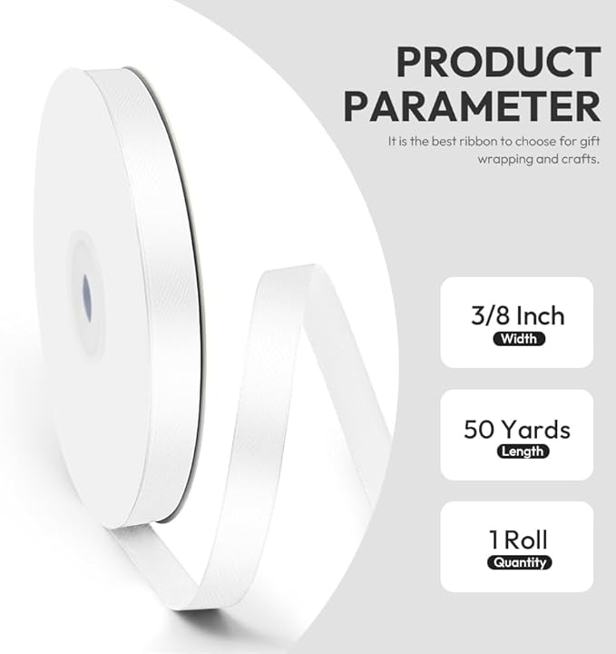 3/8" x 50 Yards Satin Ribbon - White Silk Ribbon with Spool - Ideal for Gift Wrapping, Floral Bouquets, Crafts, Wedding Party Decorations, Christmas and Sewing Projects