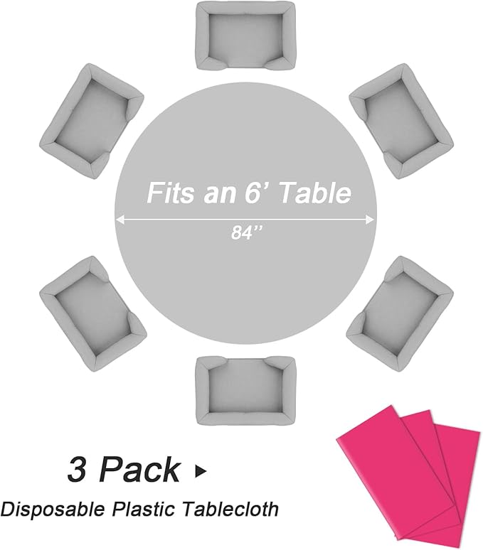 QIKSION Hot Pink Round Tablecloth 3 Pack, 84 Inch Plastic Table Cover Disposable for Parties