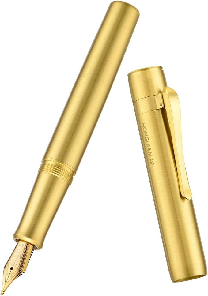Hongdian M2 Black Forest Mini Fountain Pen, Long Blade Nib & Sleek Shape Brass Short Pocket Travel Pen (Glossy Brass)