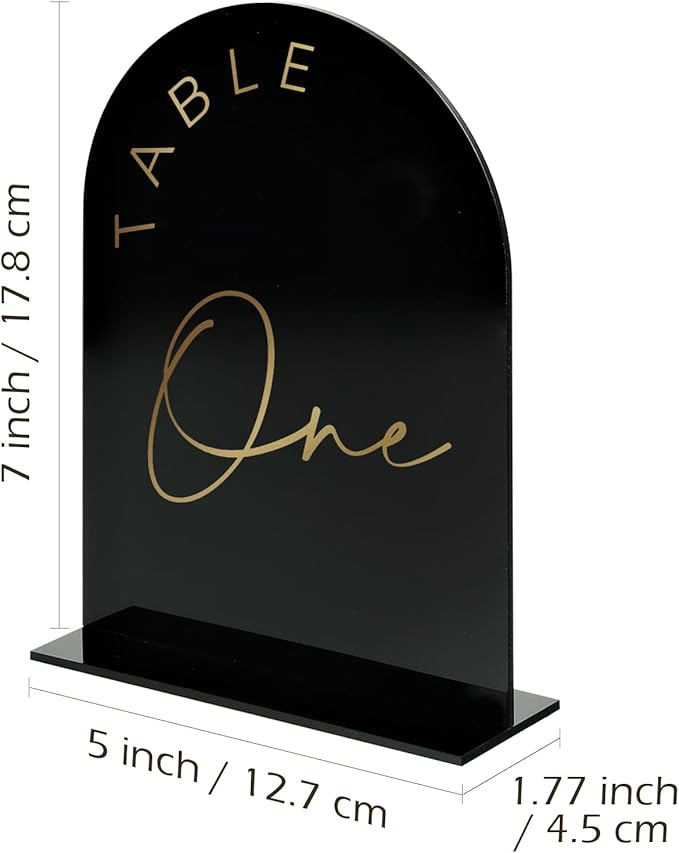Black Arch Wedding Table Numbers 1-15 with Stands, 5x7 Inch Black Acrylic Sign with Gold Letters, Arched Acrylic Table Numbers for Wedding Reception