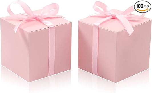 COTOPHER 100pcs Wedding Favor Boxes, Paper Gift Boxes 3x3x3 Inches Small Gift Boxes with Ribbons Small Boxes for Gifts, Crafting, Cupcake, Candy, Bridesmaid Proposal Boxes，Easy Assemble Boxes (Pink,