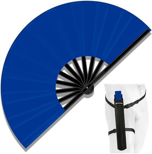 13" Large Folding Rave Fan with Holster, Clack Hand Fans Foldable for Line Dancing, Boots On The Ground Fan for Women Men Festival EDM Party Decoration, Blue