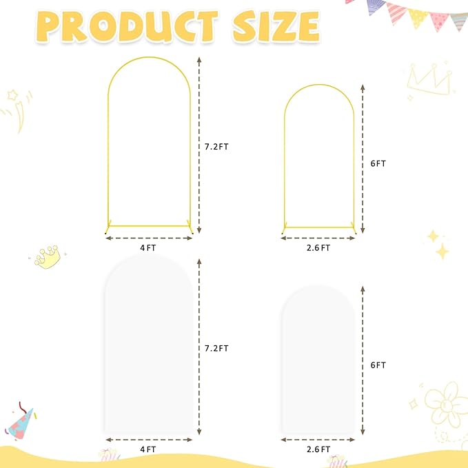 Metal Arch Backdrop Stand Set of 2 with Cover 6FT 7.2FT White Spandex Arch Backdrop Covers for Gold Wedding Arch Stand Arch Stand Covers for Birthday Party Baby Shower Birdal Shower Decorations