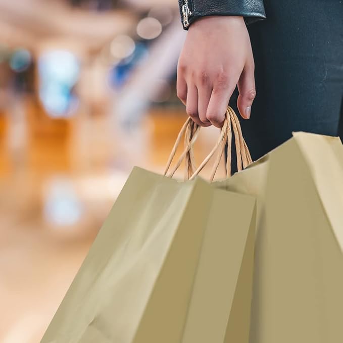 Oikss 50 Pack 8x4.75x10 Inch Medium Brown Kraft Paper Bags with Handles Bulk for Birthday Wedding Party Favors Grocery Retail Shopping Business Goody Craft Gift Bags Sacks (Plain Natural 50 Count)