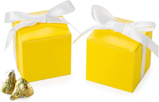 AWELL Yellow Gift Candy Box Bulk 2x2x2 inches with White Ribbon Party Favor Box,Pack of 50