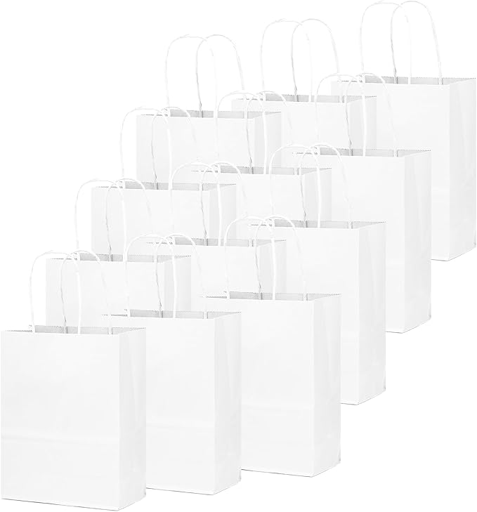 qiqee 50-Packs White Paper Gift Bags with Handles Bulk 11"x8.3"x4.3" Medium Size Paper Bags Multiple Uses