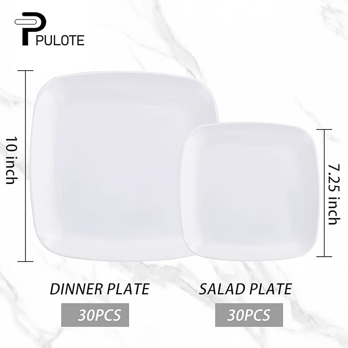 PULOTE 60PCS White Square Plastic Plates Disposable - Heavy Duty Party Plates Include 30 Dinner Plates,30 Dessert Plates for Parties&Weddings