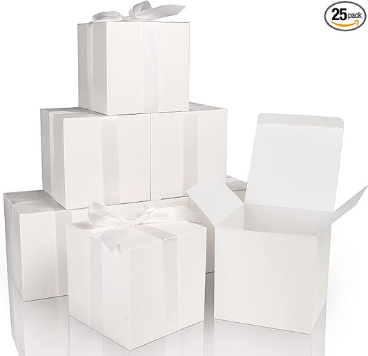 COTOPHER Small Gift Boxes 25 Pack 5x5x5 inches White Gift Boxes with Lids for Gifts, Crafting, Wedding Party Favor, Cupcake Boxes, Candy, Bridesmaids Proposal Box with Ribbons and Stickers