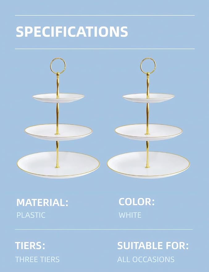 RAUVOLFIA 3 Tier Plastic Cupcake Stand, Tiered Serving Cake Stand, Round White Dessert Stand, Weddings Parties Pastry Serving Tray (2 Pack, White Plate with Gold Rim)